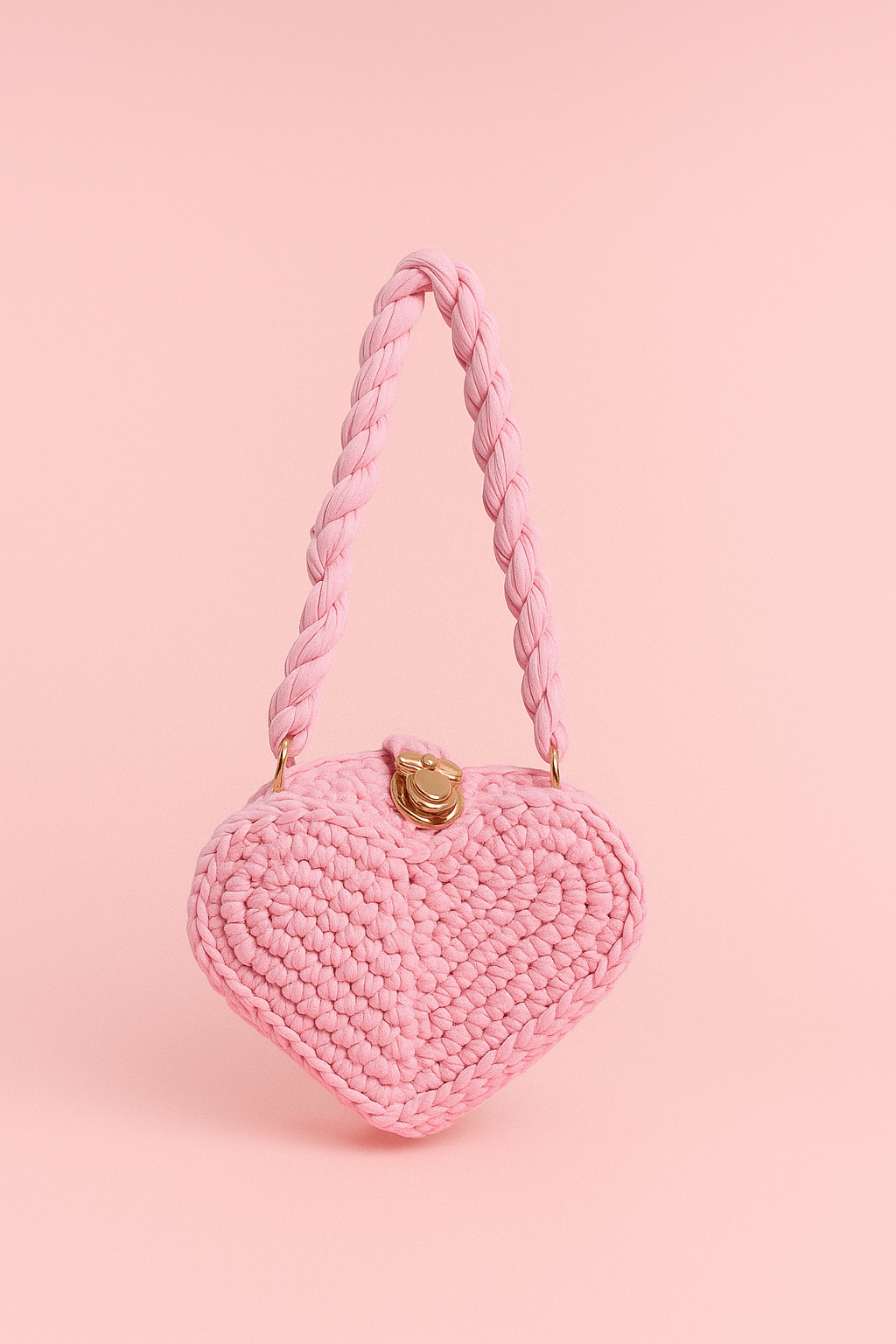 Coral-pink heart-shaped crochet purse detail
