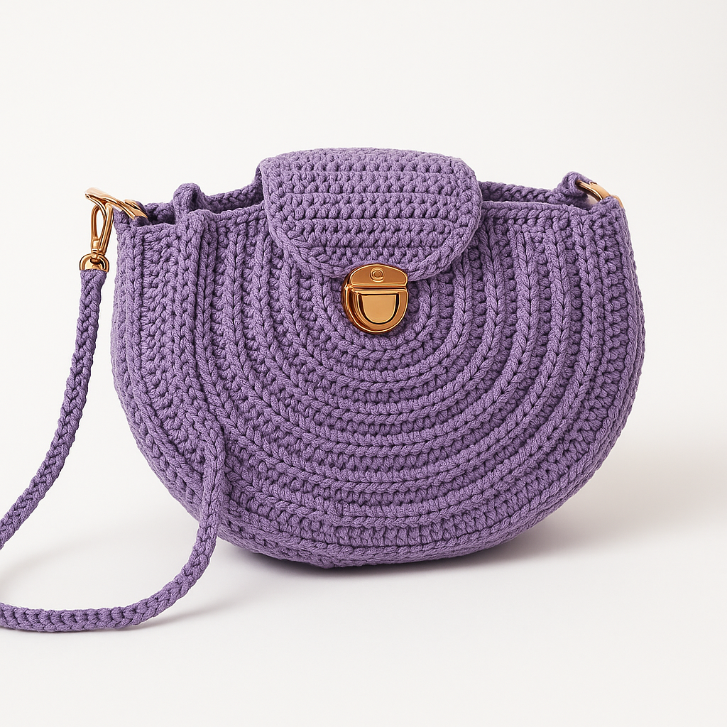 Hand-Crocheted Lilac Round Crossbody Bag with Gold Clasp(Medium size)