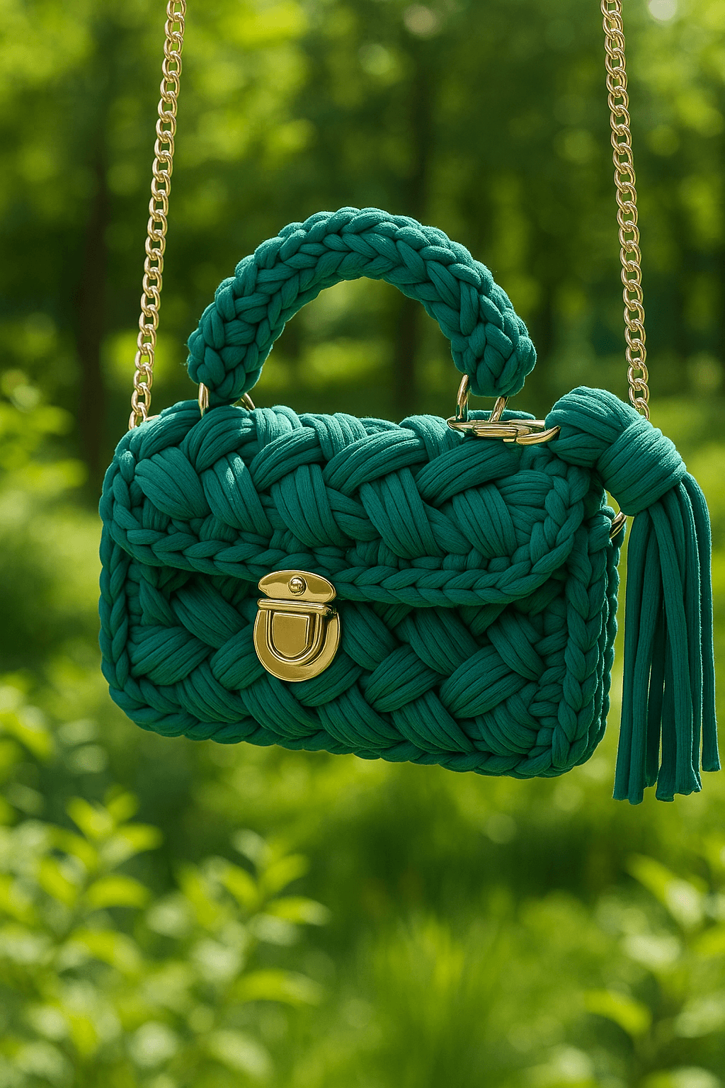 Emerald crochet bag gold chain and tassel detail