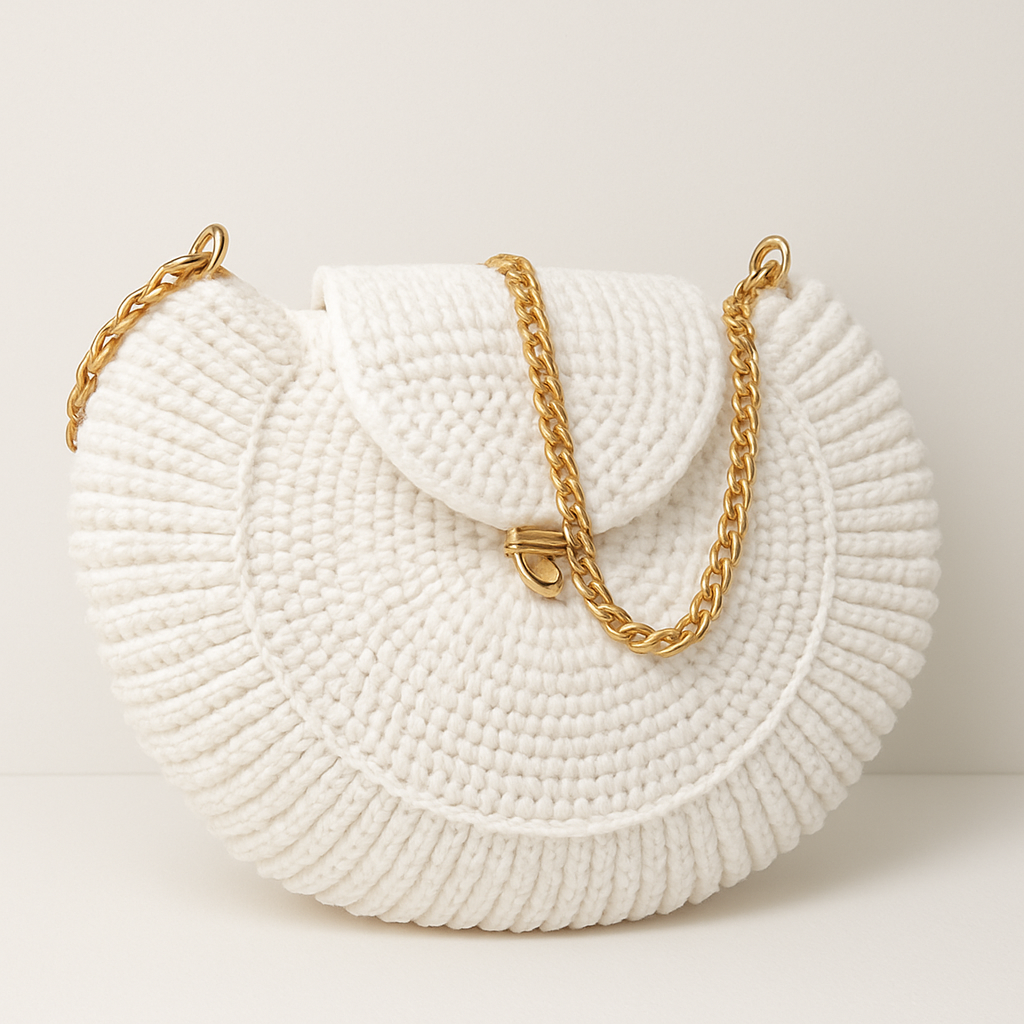White Luxe Crochet Handbag with Gold Chain Strap(Medium size)