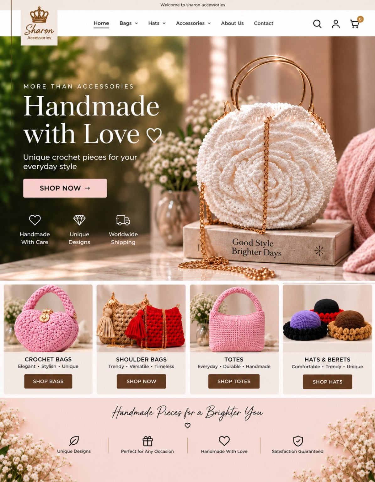 Sharon Accessories handmade crochet bags and hats homepage hero