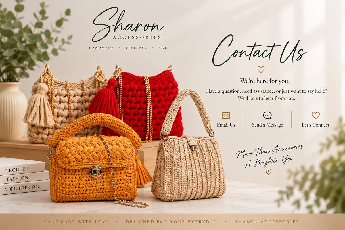 Sharon Accessories Contact Us featuring handmade crochet bags