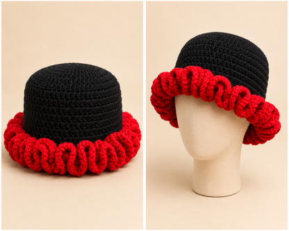 Black and red handmade crochet bucket hat shown in two views
