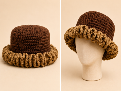 Brown handmade crochet bucket hat shown in two views