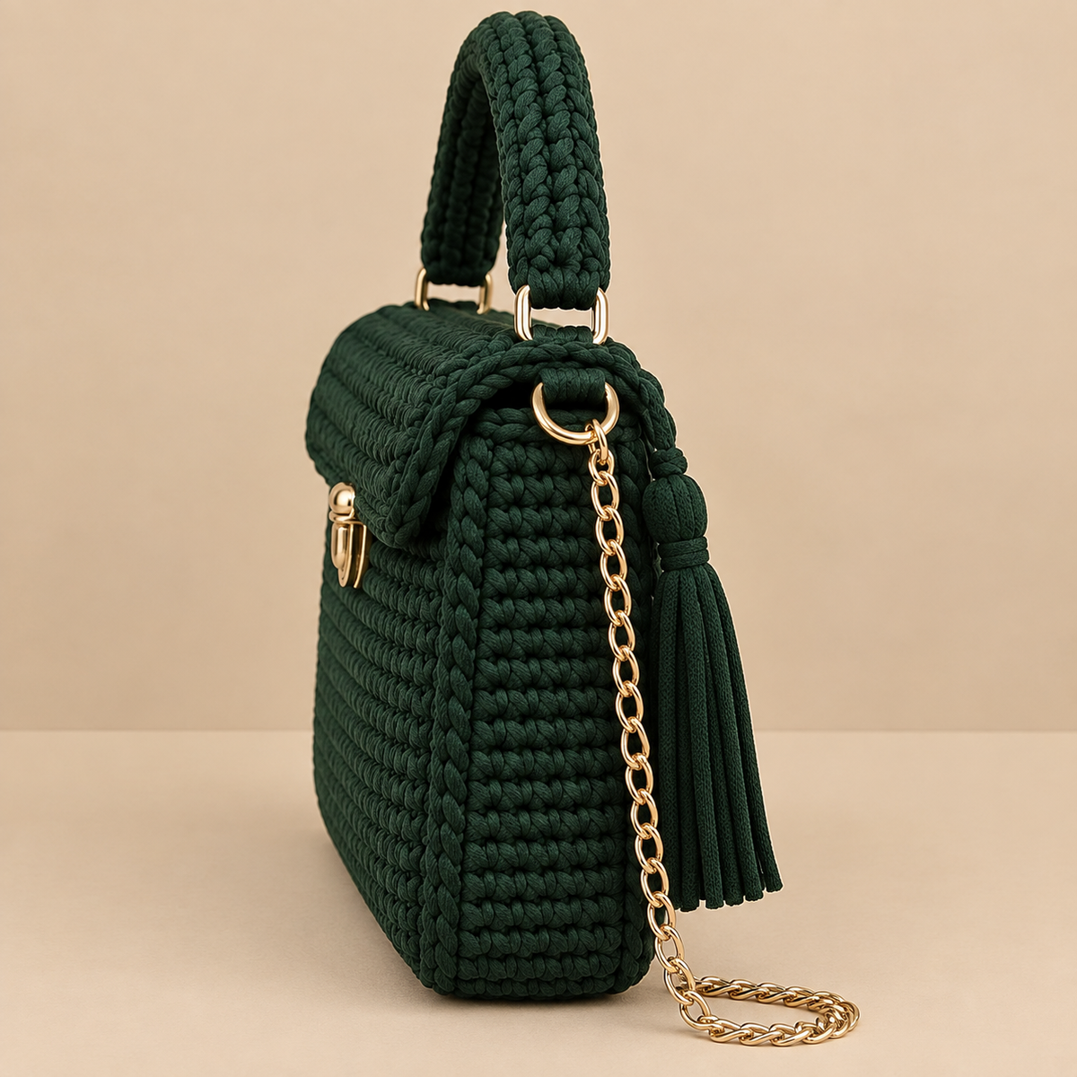 Emerald green crochet handbag side view