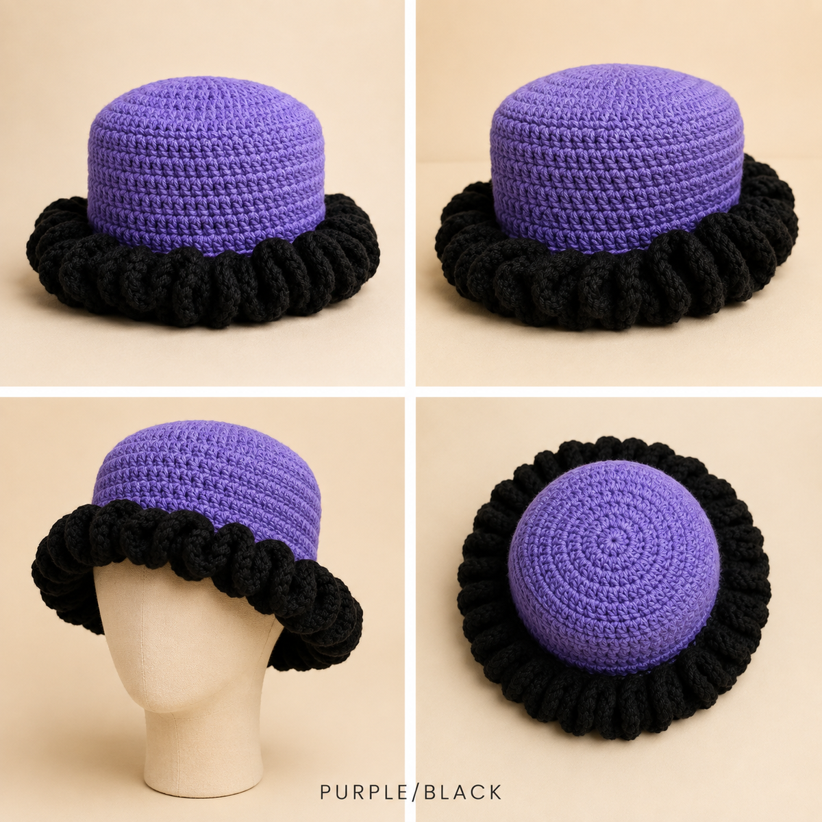 Purple and black crochet bucket hat shown from multiple angles