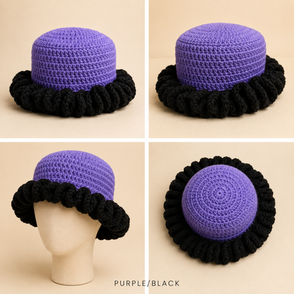 Purple and black crochet bucket hat shown from multiple angles