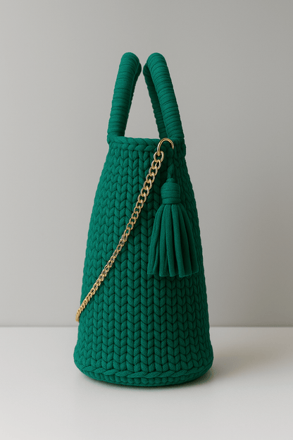 Elegant Emerald Crochet Tote Bag with Gold