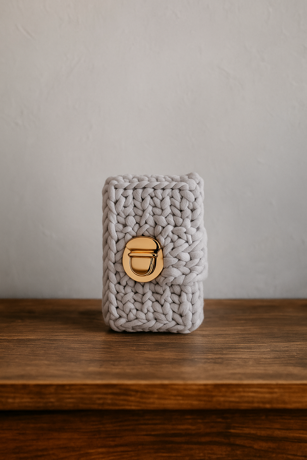 Hand-Crocheted Mini Clutch with Gold Twist Lock – Soft Grey