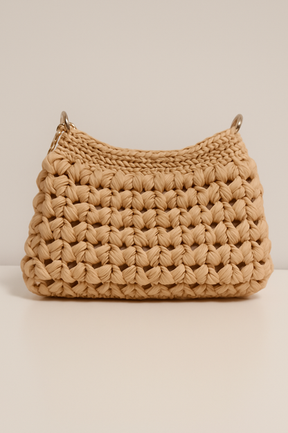 Woven Charm Shoulder Bag Beige front view