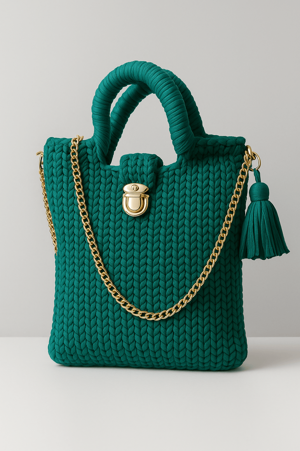 Elegant Emerald Crochet Tote Bag with Gold