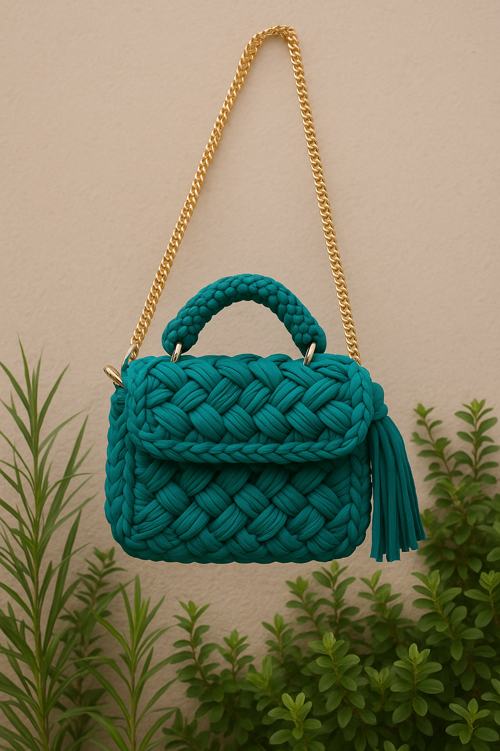 Hand-Crocheted Emerald Green Shoulder Bag with Gold Chain and Tassel(Small size)