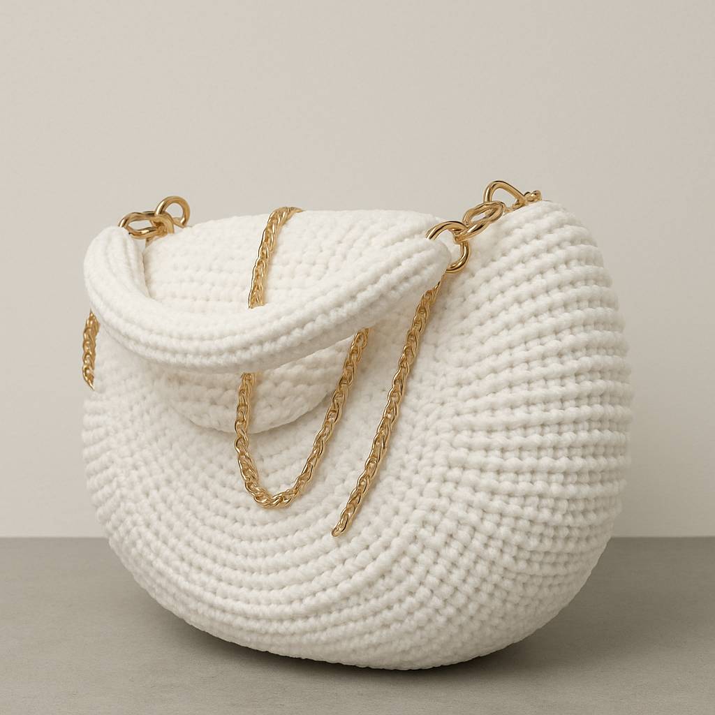 White Luxe Crochet Handbag with Gold Chain Strap(Medium size)