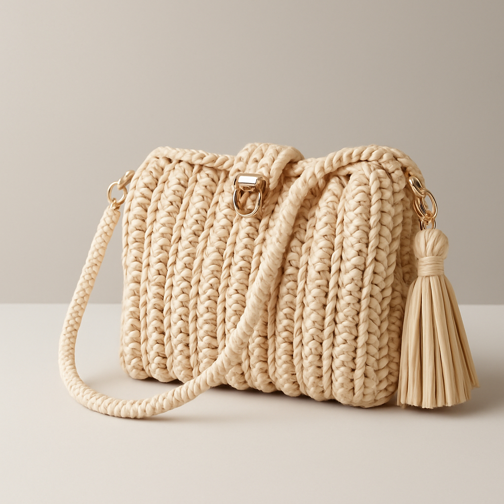 Woven Charm Beige Shoulder Bag Front View