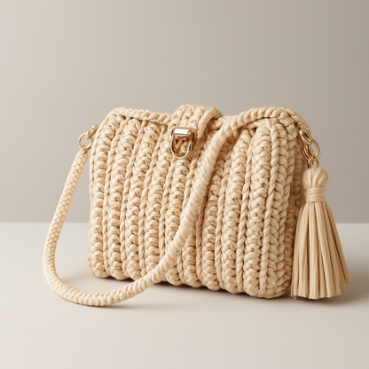 Woven Charm Beige Shoulder Bag Front View