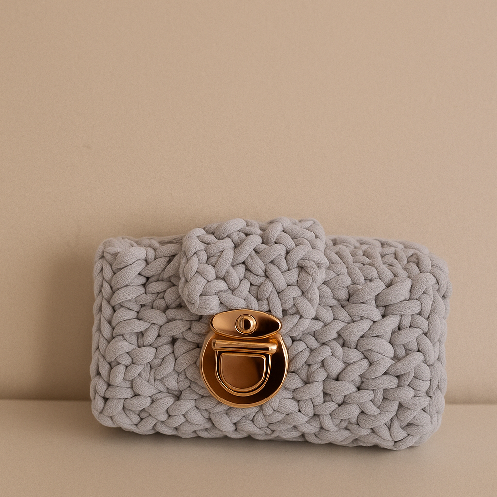 Hand-Crocheted Mini Clutch with Gold Twist Lock – Soft Grey