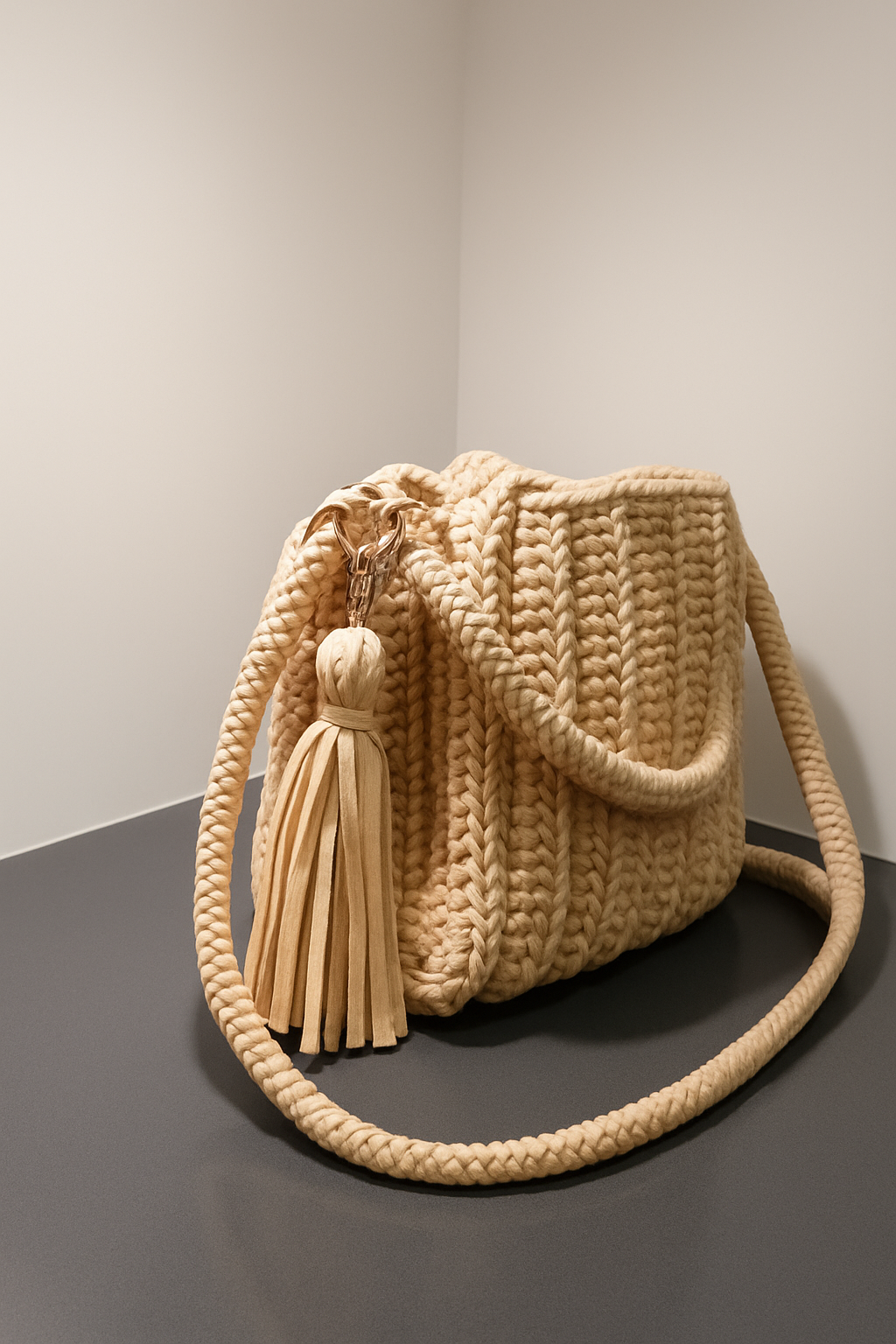 Woven Charm Beige Shoulder Bag Front View
