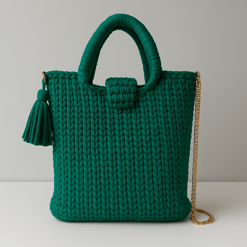 Elegant Emerald Crochet Tote Bag with Gold