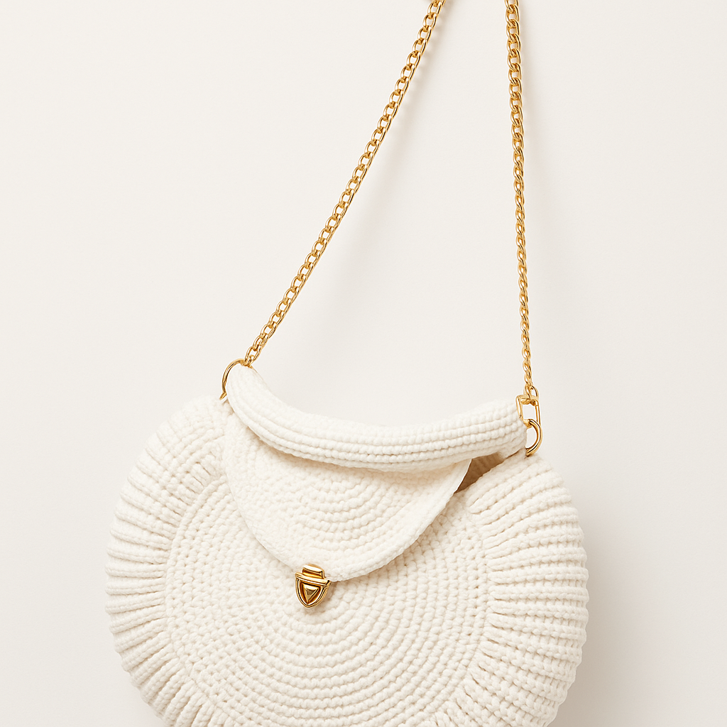 White Luxe Crochet Handbag with Gold Chain Strap(Medium size)