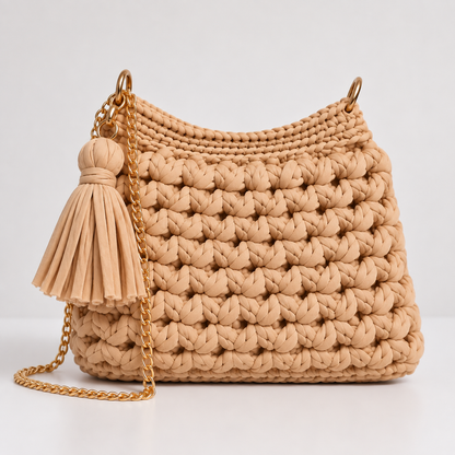 Beige Woven Charm Shoulder Bag handmade crochet bag